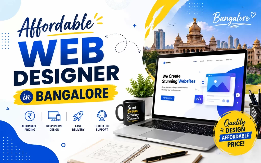 Affordable web designer in Bangalore showcasing modern responsive website design services with SEO, digital marketing, laptop mockup, and professional web development workspace.