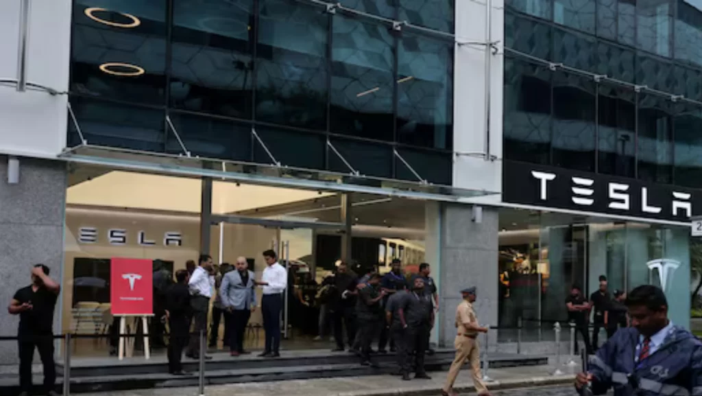 Tesla India Mumbai showroom launch featuring Model Y electric cars at Bandra Kurla Complex, showcasing Tesla's entry into the Indian EV market.