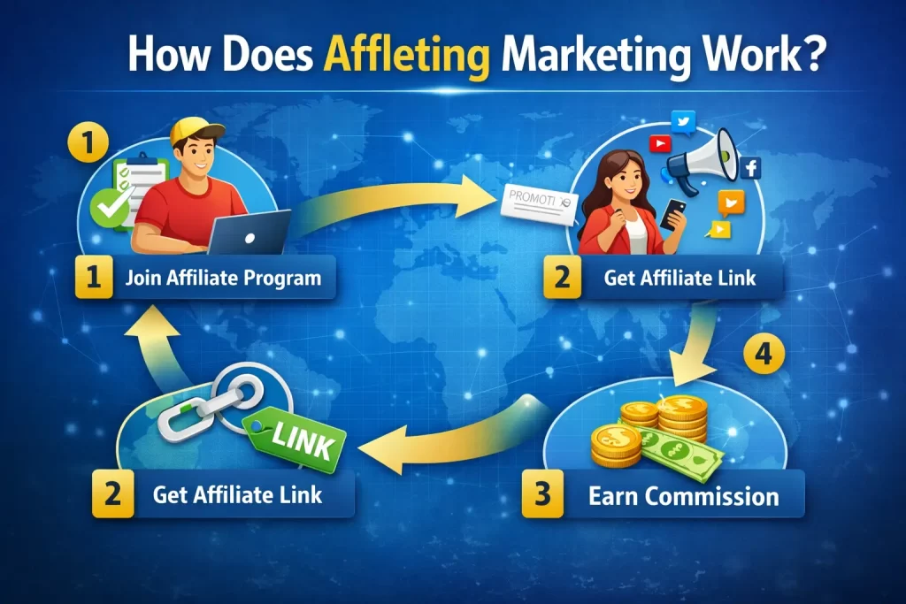 Infographic titled “How Does Affleting Marketing Work?” showing a step-by-step process including join affiliate program, get affiliate link, promote products, and earn commission with visual arrows and icons