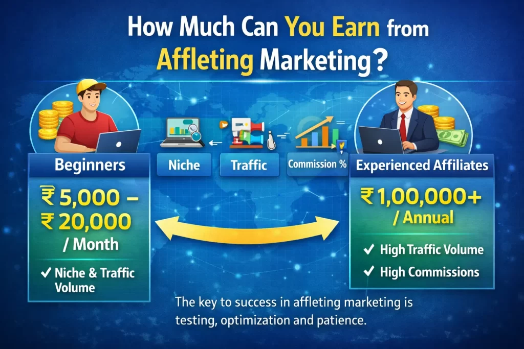 Infographic titled “How Much Can You Earn from Affleting Marketing?” comparing beginner earnings of ₹5,000–₹20,000 per month with experienced affiliate earnings of ₹1,00,000+ annually, highlighting niche, traffic, and commission factors