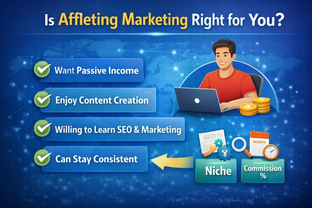 Infographic titled “Is Affleting Marketing Right for You?” showing a freelancer working on a laptop with checklist points including passive income, content creation, learning SEO and marketing, and staying consistent, along with niche and commission percentage icons on a blue digital background.