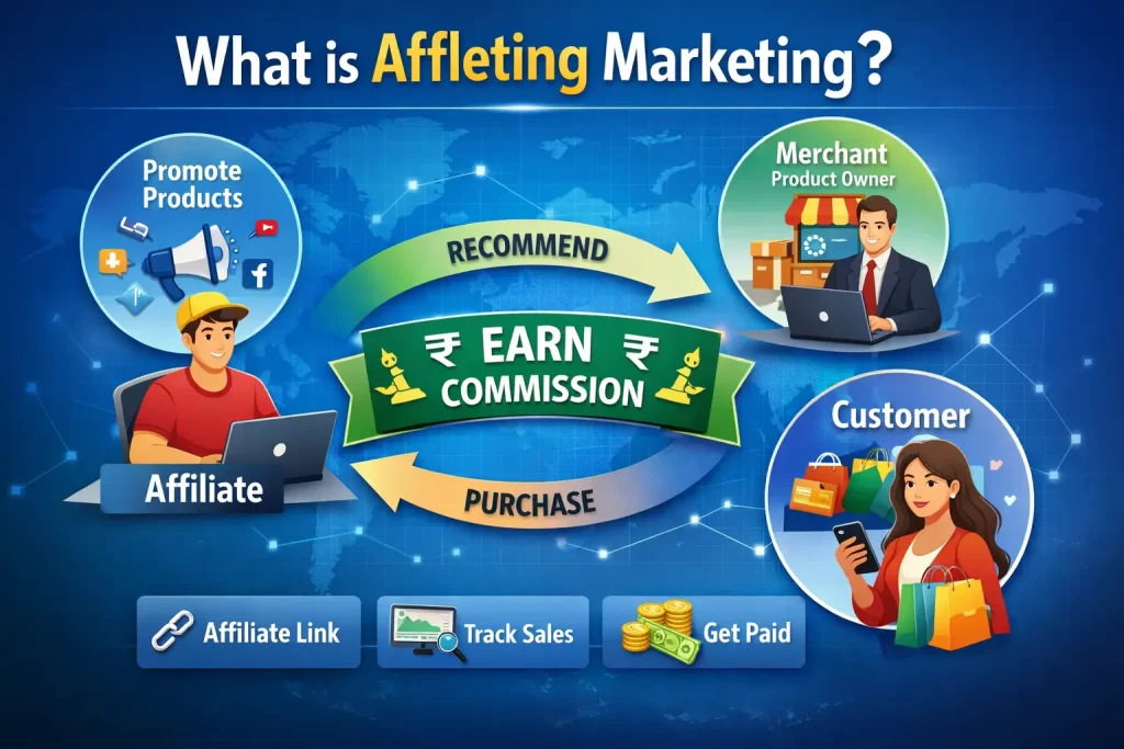 Infographic explaining what affleting marketing is, showing affiliate, merchant, and customer roles with arrows illustrating product promotion, affiliate link tracking, purchase process, and earning commission.