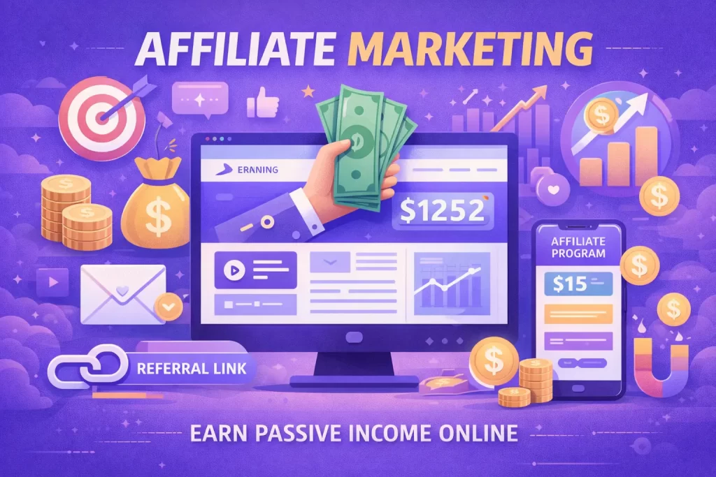 Colorful promotional banner for the Amazon Affiliate Program featuring a blogger working on a laptop, a marketer holding a megaphone and smartphone with Amazon logo, product review screen with “Buy Now” button, Amazon delivery boxes, rupee coins, and an upward growth chart symbolizing passive income and affiliate commissions.
